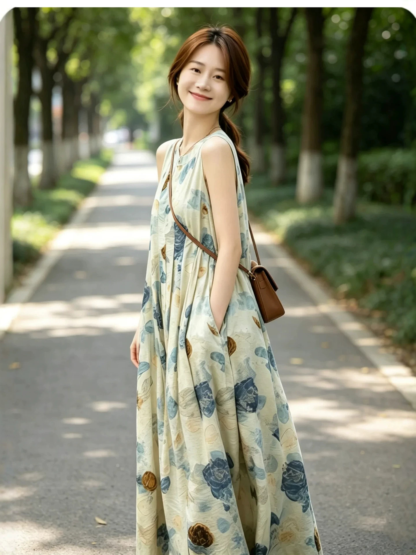 Đầm maxi nữ thắt eo cổ tròn không tay họa tiết hoa nhí — Váy in màu xanh