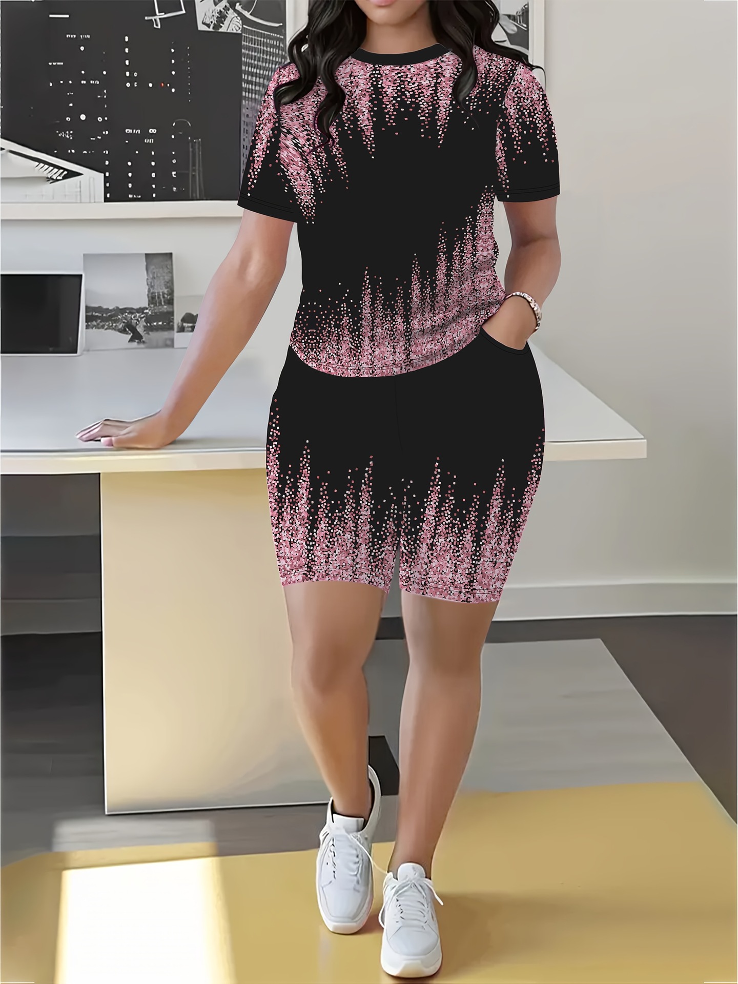 Women's Geometric Print Short Sleeve T-Shirt And Shorts Set - Comfortable Casual Summer Outfit ​​Versatile Two-Piece Coordination_ecoleips.com