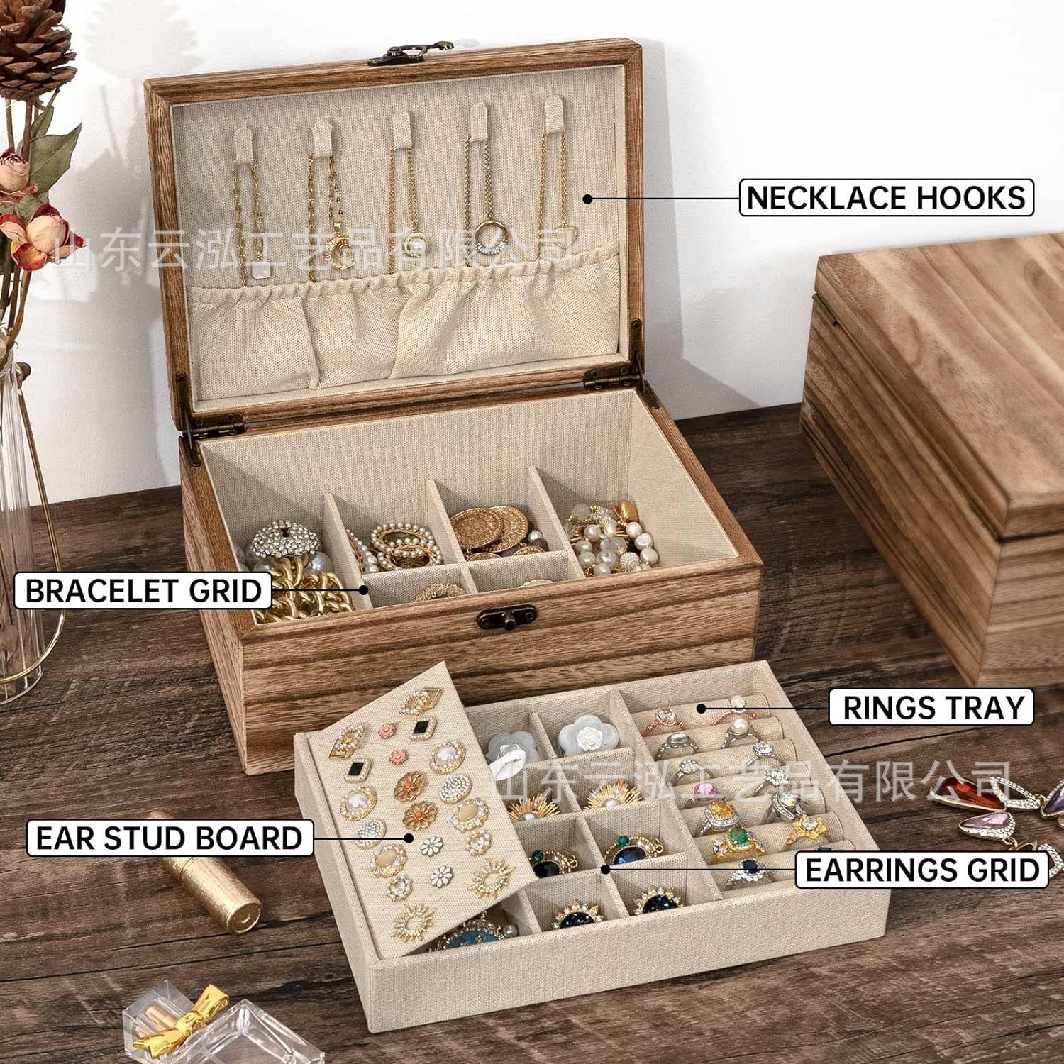 跨境简约复古风实木首饰收纳盒耳钉项链珠宝简约礼品物整理收纳盒