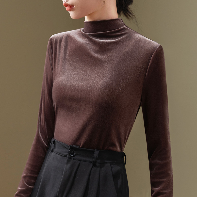 Camisa de fondo de terciopelo para las mujeres 2023 nuevas mujeres elegante medio cuello alto estilo occidental pequeña camisa cintura-apretado interior de manga larga