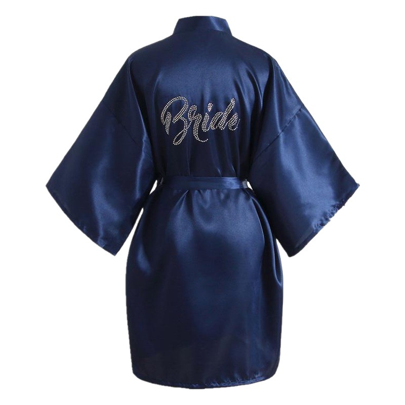 Bata de novia con strass “Bride”, color sólido, estilo elegante de seda satinada, ideal para maquillaje o bodas