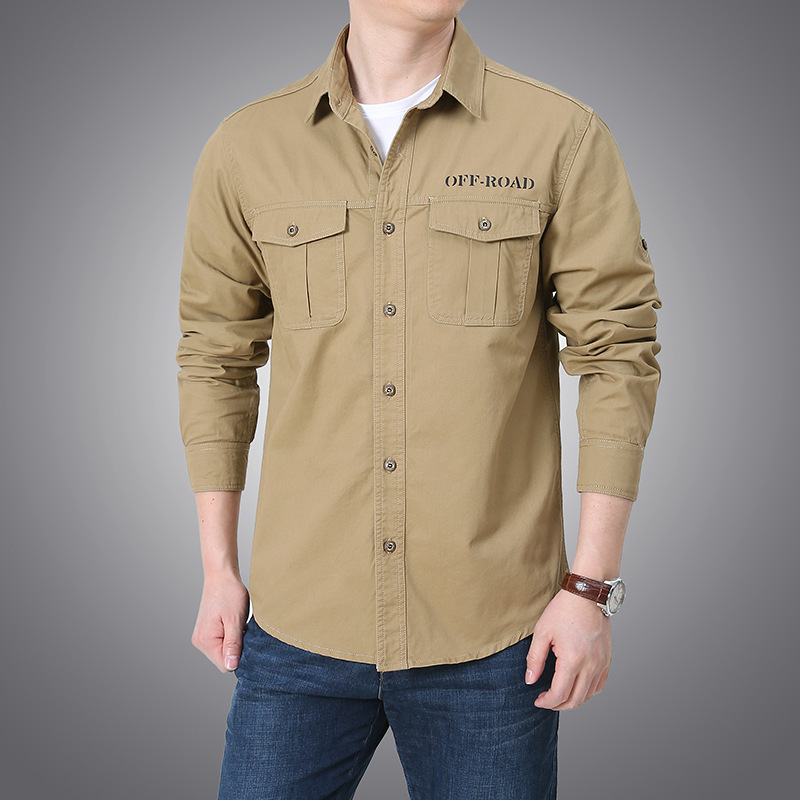 2024 primavera y otoño camisa de mangas largas hombre casual multi-bolsillo suelto camisa de negocios de mediana edad camisa de algodón chaqueta de trabajo