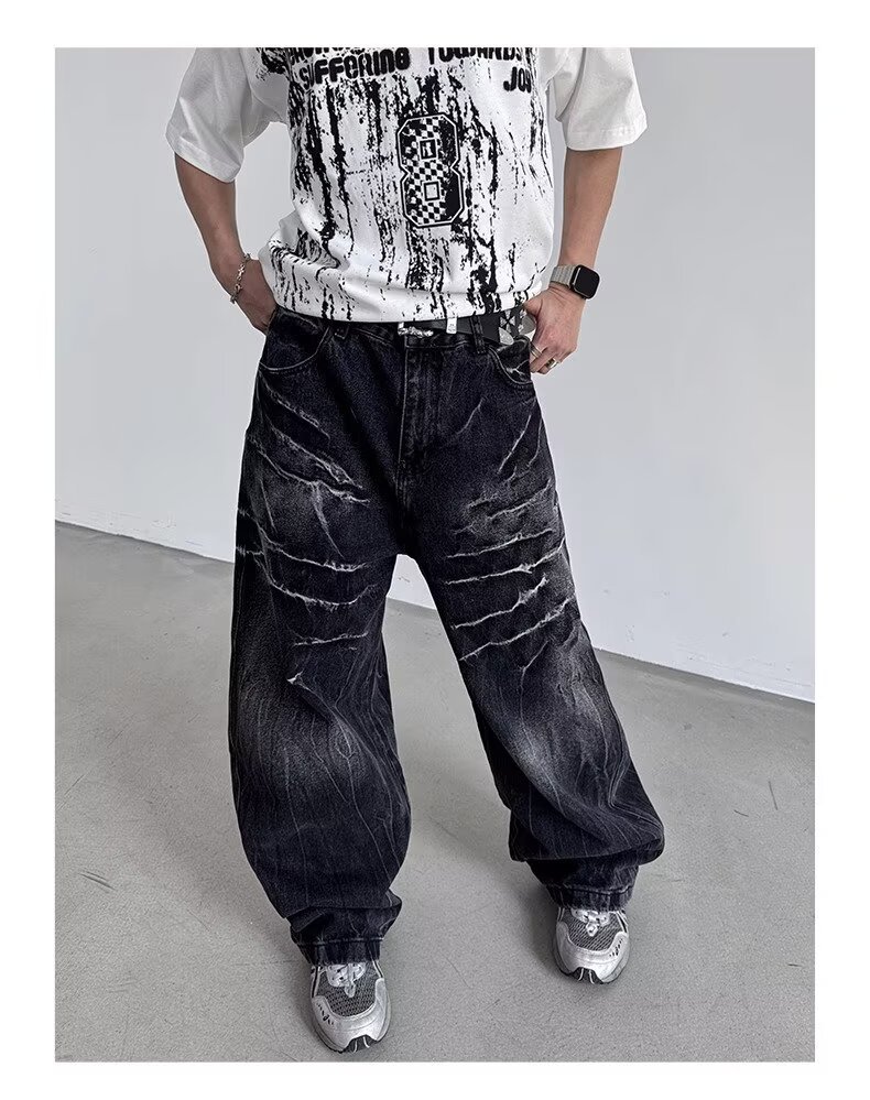 American Style Rivet Lightning Denim Jeans For Men And Women, Wide-Legged Distressed Wash Vintage Drop-Crotch Trousers, Trendy Streetwear Design_mkmklike.com