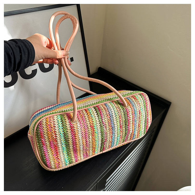 Women's Medium Straw Rainbow Vacation Classic Style Weave Oval Zipper Straw Bag display picture 21