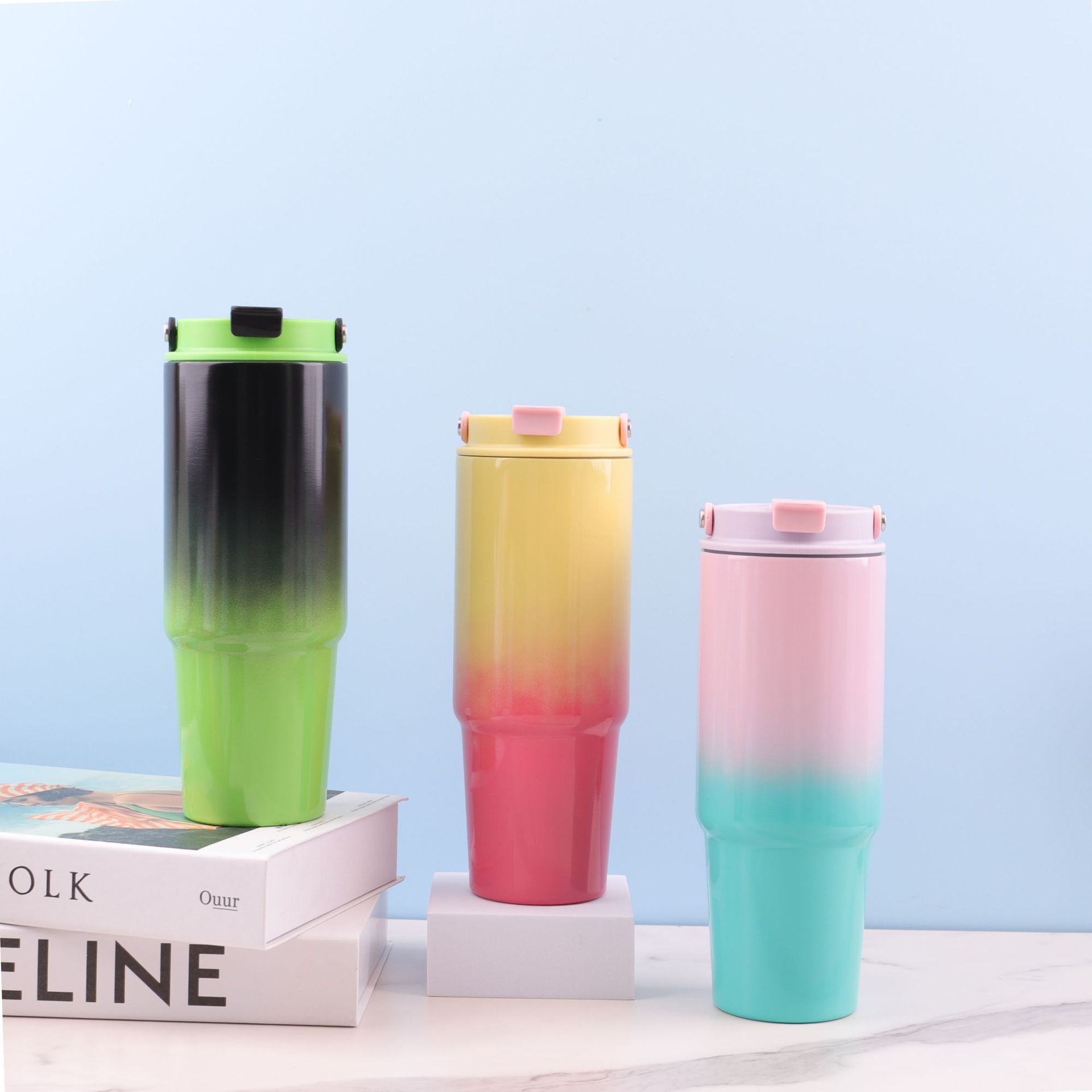Taza termo portátil de acero inoxidable con color degradado transfronterizo caliente de 30oz, taza de agua para automóvil con pajita portátil al aire libre de gran capacidad