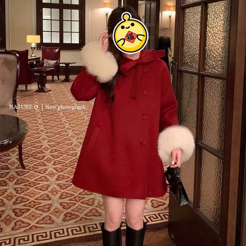 Популярное в Интернете двустороннее шерстяное пальто средней длины в Корейском стиле 2023 года свободное шерстяное пальто с меховыми манжетами в наличии