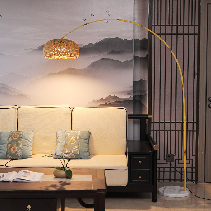 Wabi-sabi style bamboo woven fishing lamp, Chinese Zen-inspired floor lamp for living room, next to the sofa, tea room, vintage high-end ambiance table lamp