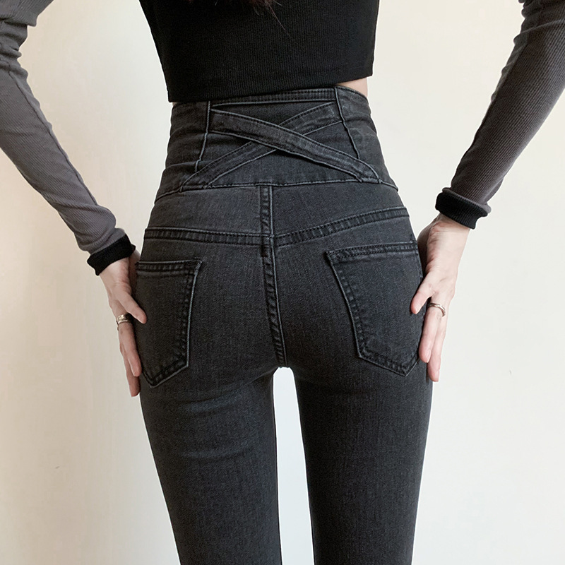 Gray Peach Butt Tight-Fitting Jeans for Women, Skinny Pants, 2025 New Autumn and Winter High-Waisted Slimming Fleece-Lined Pencil Pants