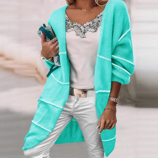 European and American Plus Size Women's Clothing Foreign Trade Fresh Striped Long-Sleeved Knitted Jacket Cross-Border