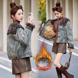 欧货羊圈毛拼接牛仔羽绒服女2025冬季新款洋气时髦白鸭绒短款外套