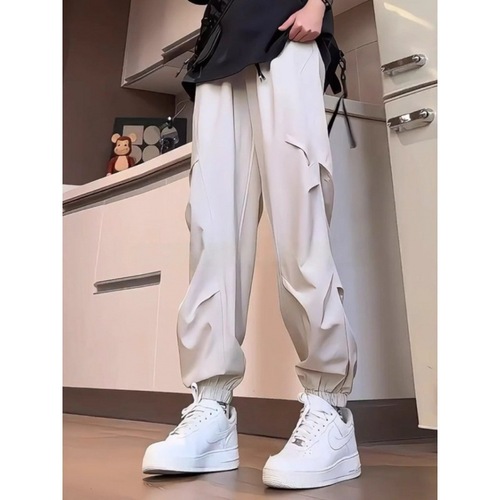 Men's Summer Thin, Design-Driven Fleece-Like Quick-Dry Pants: Loose-Fit, Ankle-Tied Sports & Casual Long Trousers