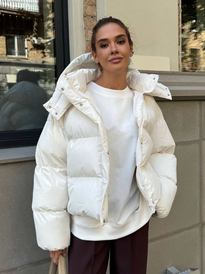 Áo khoác bông nữ dáng rộng ngắn có mũ trùm đầu, tay dài, phong cách casual — màu xám đậm, đen chi tiết 21