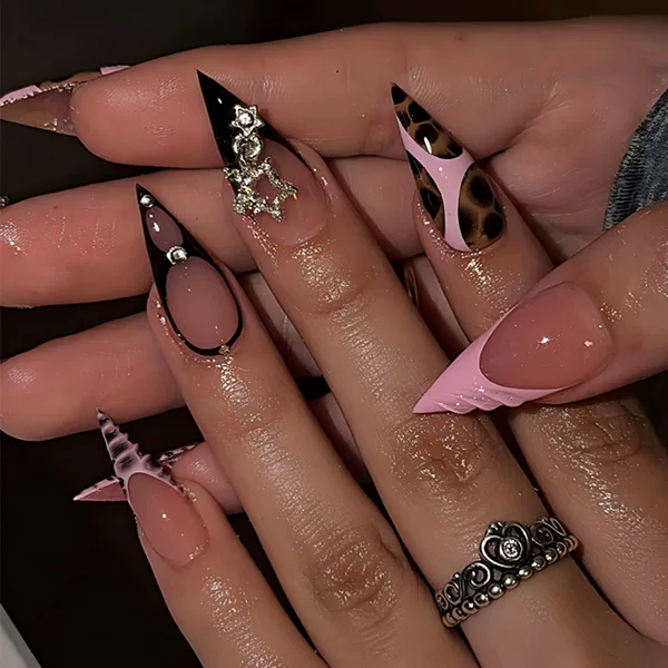 Lefan Manicure Tortoiseshell French Style Wearable Nails Long Pointed Almond Nails with Sparkling Diamonds and Stars Foreign Trade Fake Nails Wholesale