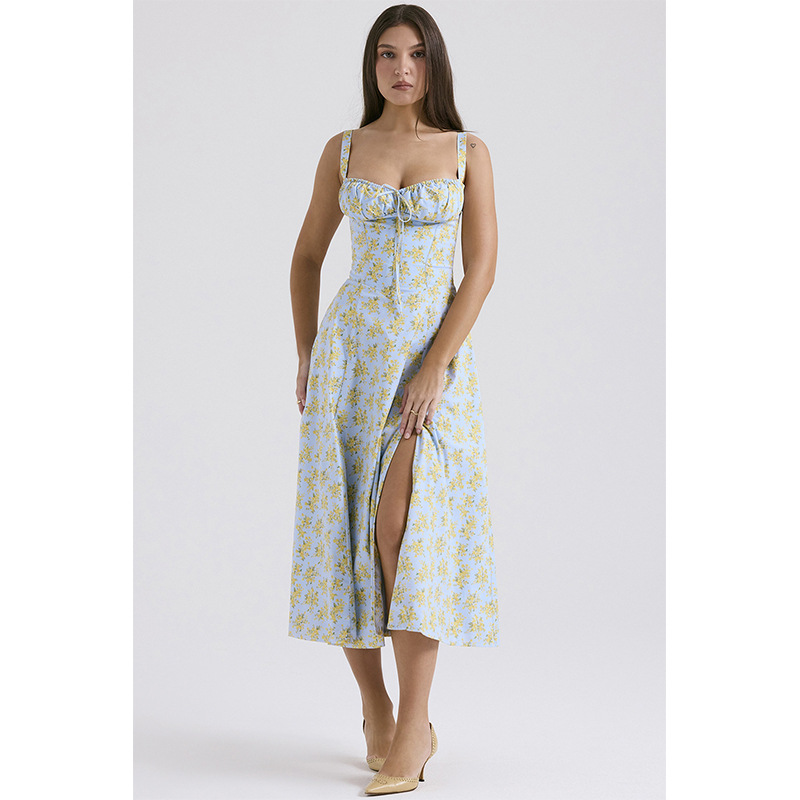 녹색 바닥 노란 꽃 긴 원피스