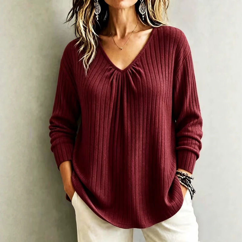 2026 Cross-border Amazon Autumn/Winter Bestseller: Loose-fit, Pleated V-neck Casual Long-Sleeve Knit Top/T-shirt for Women 2026 Cross-border Amazon Autumn/Winter Bestseller: Loose-fit, Pleated V-neck Casual Long-Sleeve Knit Top/T-shirt for Women