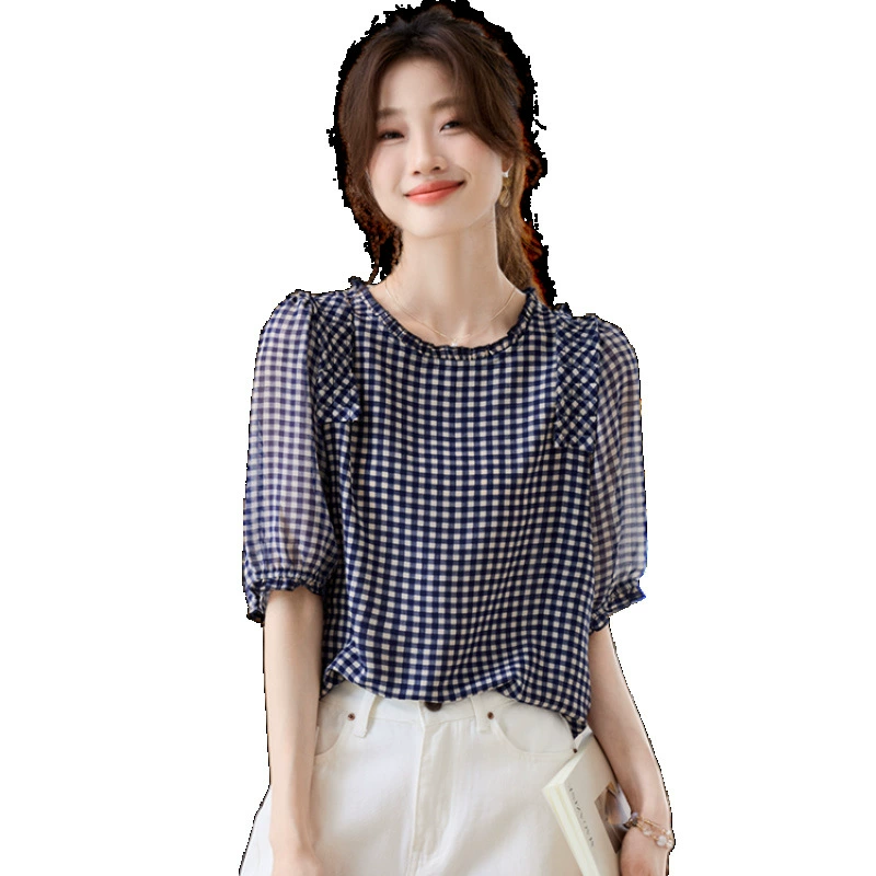 Модная летняя тонкая свободная дышащая рубашка с рюшами на шее и легкой роскошной клетчатой ​​рубашкой с короткими рукавами