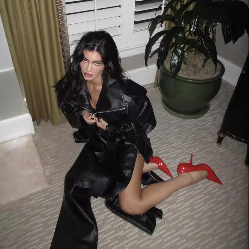 Kylie Same Style ~ KHY Profile Zipper Faux Leather Coat DROP001 Locomotive Style Collar Coat Coat