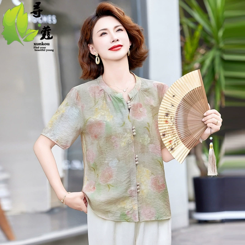 Новые модные топы для мам среднего и пожилого возраста, повседневные женские свободные рубашки с короткими рукавами среднего возраста, летняя одежда.