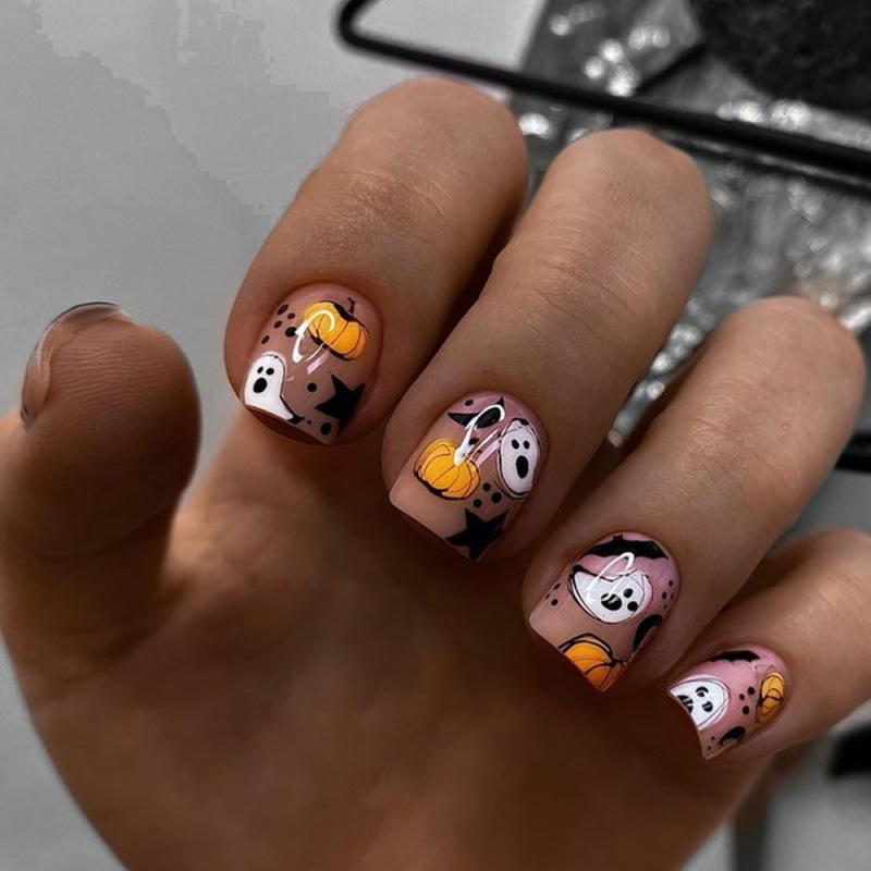 Halloween Short Square Armor Pumpkin Ghost Star Halloween Element Fake Nail Finished Wear Armor Holiday Nail Art