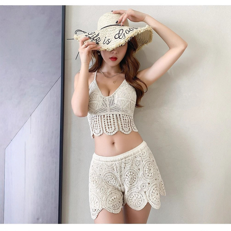 European and American Holiday Beach Shorts Women's Ethnic Style Handmade Crochet Swimsuit Boxers Casual Loose Lazy Style Pants