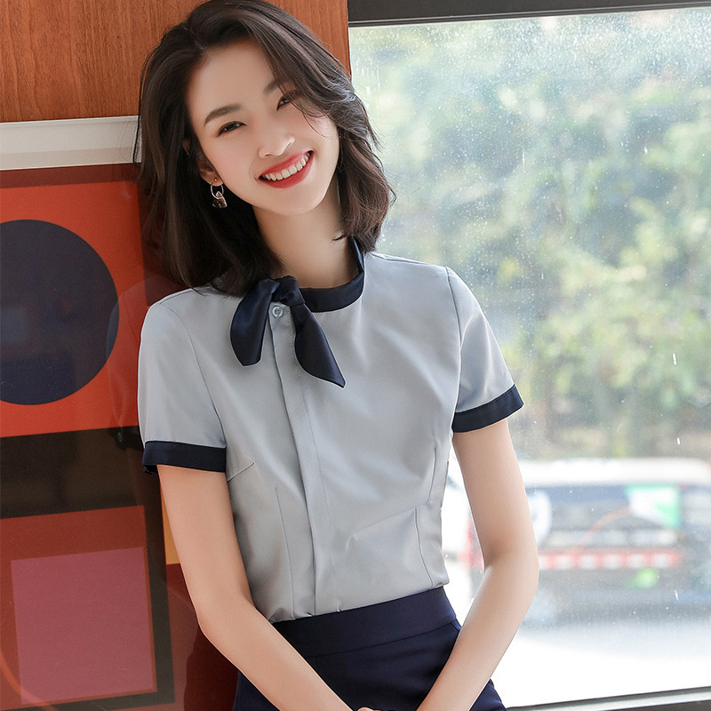 전문 셔츠 여성 반팔 작업복 패션 우아한 여름 스튜어디스 화이트 칼라 쉬폰 화이트 셔츠 톱 원피스