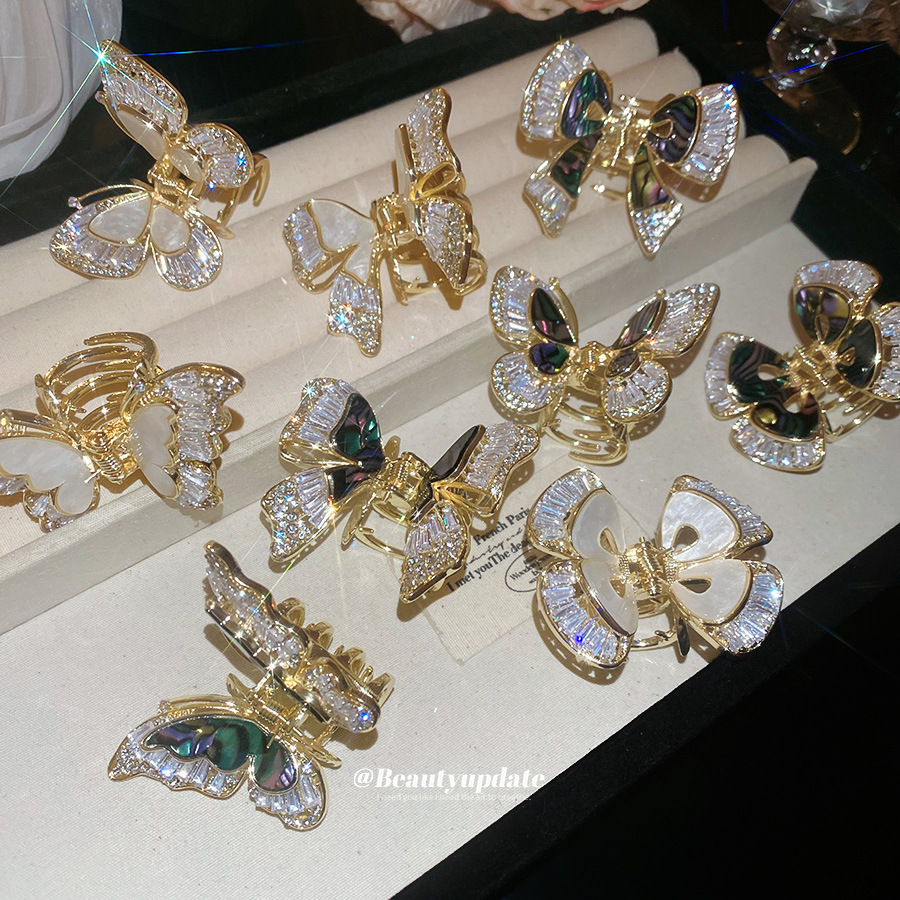 Zircon Fritillaria Horquilla de mariposa de doble capa Temperamento exquisito de alta calidad Clip de tiburón en la parte posterior de la cabeza Clip de agarre de moda Accesorios para el cabello femenino