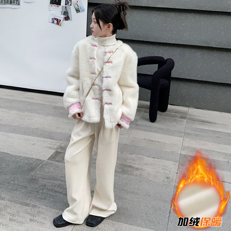 女童秋冬装2025新款女大童加绒加厚新中式国潮风盘扣毛毛外套裤子