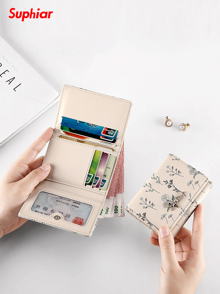 Cartera pequeña, pins japoneses, tres pliegues, flores y plantas, billetera corta, monedero fresco pequeño, bolso de tarjeta lindo coreano para estudiantes