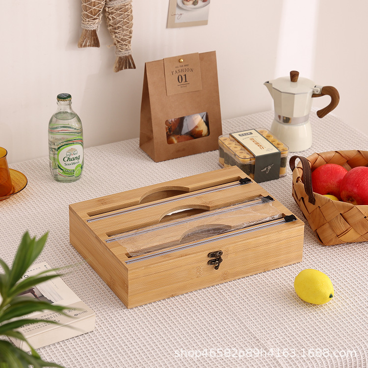 Caja de almacenamiento de bambú para cocina, cortador de papel film y papel de aluminio, organizador de clasificación de bambú para cajones, caja de bambú simple