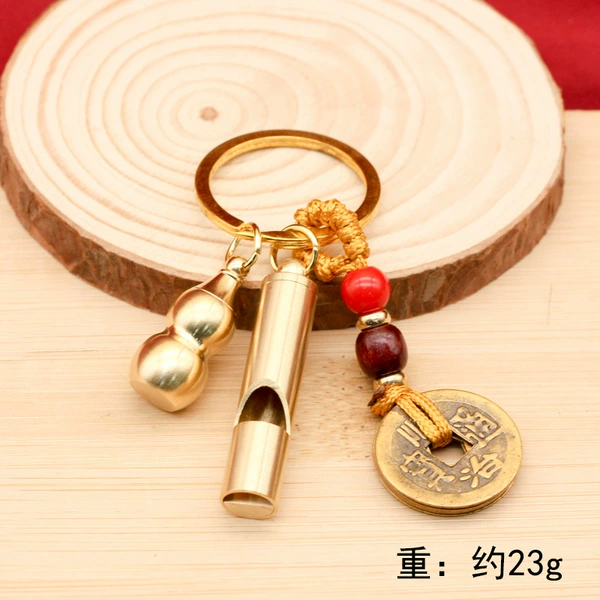 Brass Whistle + Hollow Gourd + Five Emperors Coin Brown Rope