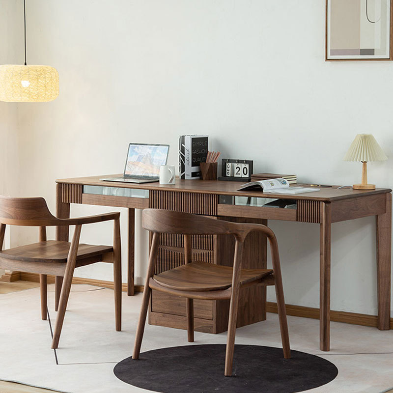 North American Black Walnut Double Desk, Simple Japanese-Style Solid Cherry Wood Wall-Mounted Writing Desk, Office Computer Desk, Solid Wood North American Black Walnut Double Desk, Simple Japanese-Style Solid Cherry Wood Wall-Mounted Writing Desk, Office Computer Desk, Solid Wood