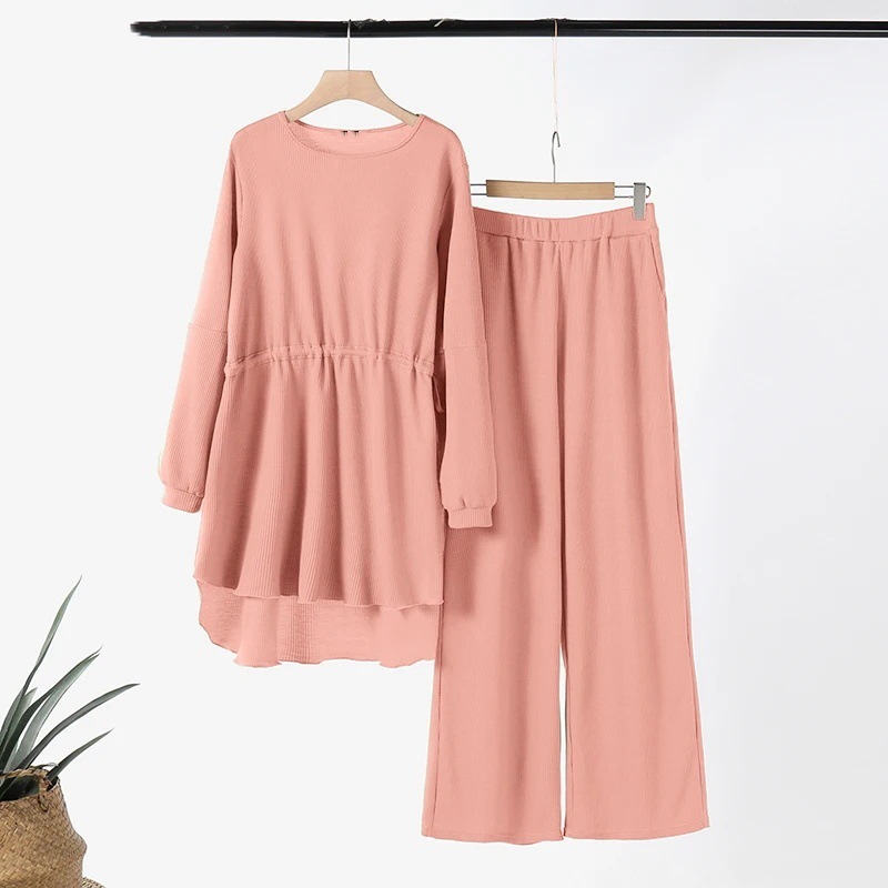 Women's 2 Piece Set Textured Solid Color Drawstring Casual Wear Top With Fashionable Elastic Waist For Autumn Holiday_voghion.com