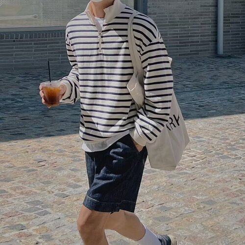 American style high street sportswear hoodie men's fashion retro half zipper loose long-sleeved t-shirt small high neck striped coat 