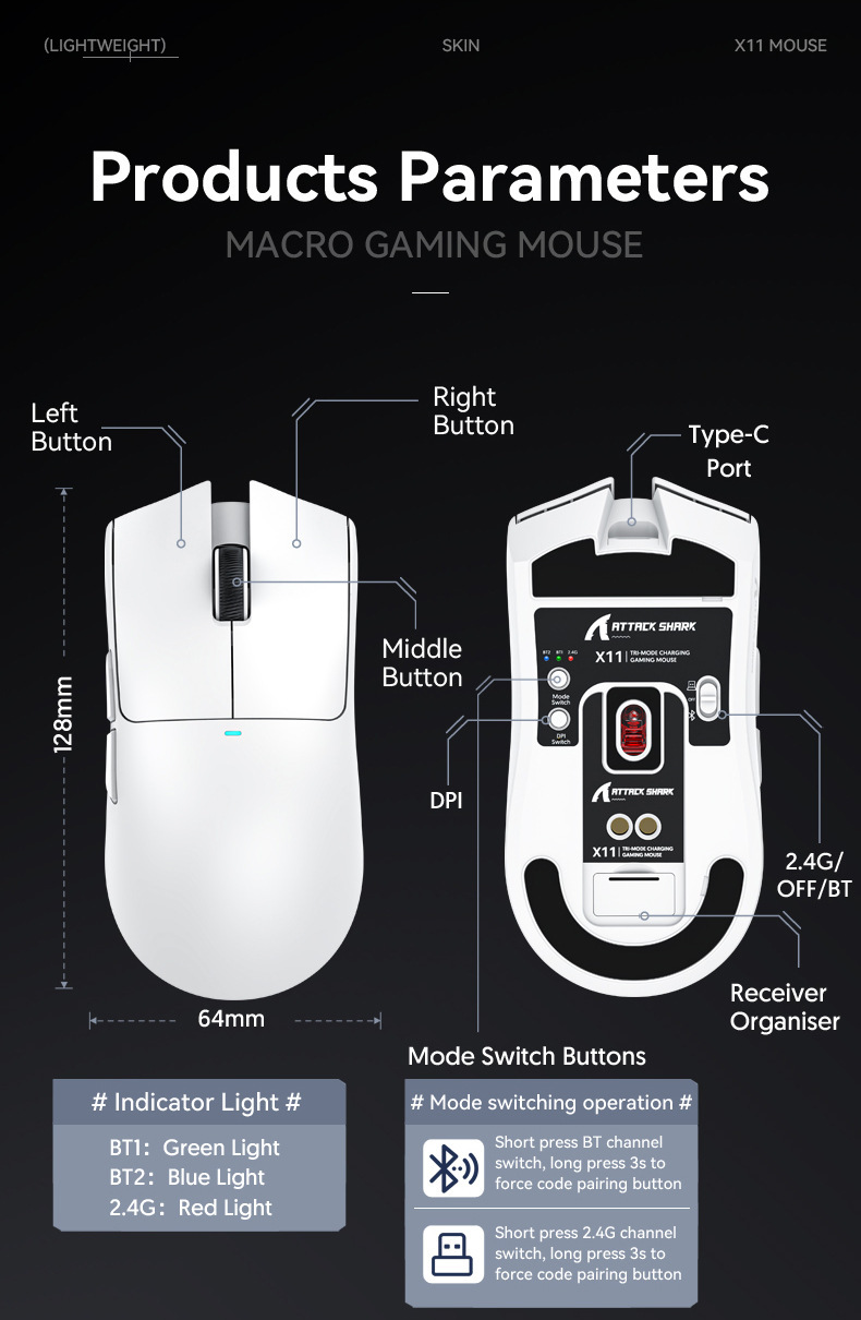 Attack Shark X11 Lightweight Wireless Gaming Mouse Rgb Bluetooth_voghion.com