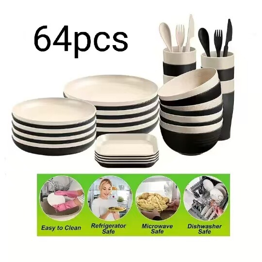 Amazon Wheat Straw Plate, Bowl, Cup, Knife, Fork, Spoon Tableware 64-Piece Set Outdoor Camping Travel Plate and Bowl Set