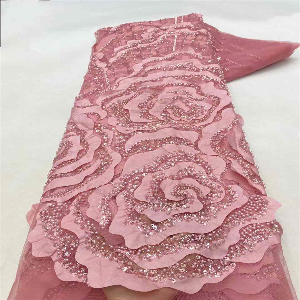 3D flor estereoscópica tubo de cuentas bordado tela hecha a mano clavado flor bordado sequilla encaje tela de vestido Tejido de encaje