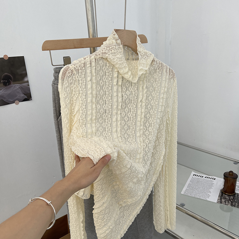 Korean Turtleneck Lace Bottoming Shirt for Women, Fashionable and Versatile Small Shirt with Mesh Top 2025 Spring & Fall Inner T-Shirt
