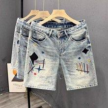 春夏季新款潮牌刺绣破洞补丁牛仔短裤男潮流百搭蓝色五分直筒裤潮
