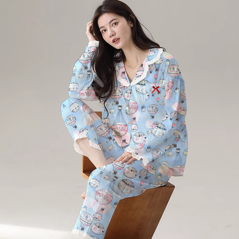 Korean Style New Lace Hot Air Balloon Print Pajamas for Women Spring and Autum Thin Long-Sleeved Casual Cardigan Home Wear Set