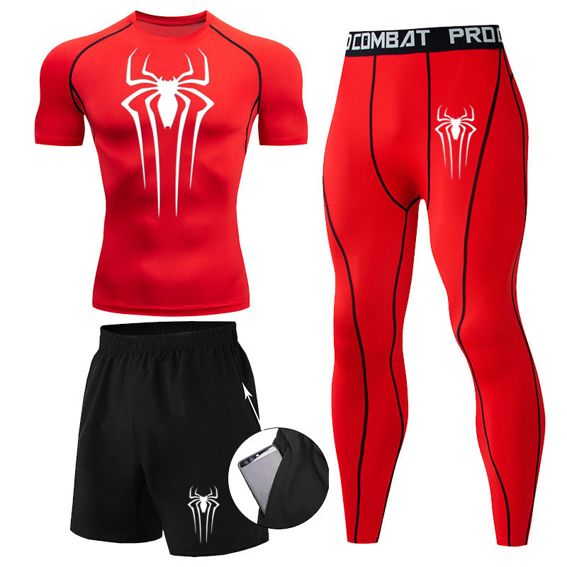 Marca hombres Spider-Man impreso de tres piezas de compresión de secado rápido de manga larga medias corriendo traje deportivo traje de entrenamiento