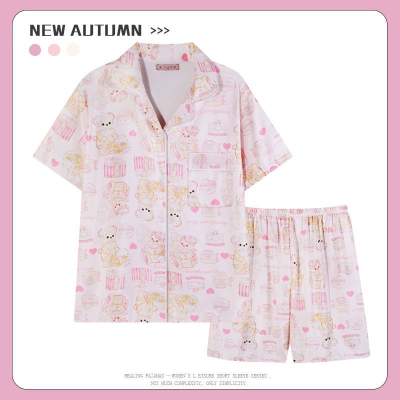 Venta al por mayor transfronteriza 180g pijamas de algodón de imitación mujeres rebeca de verano de manga corta traje de ropa de casa de dibujos animados lindo