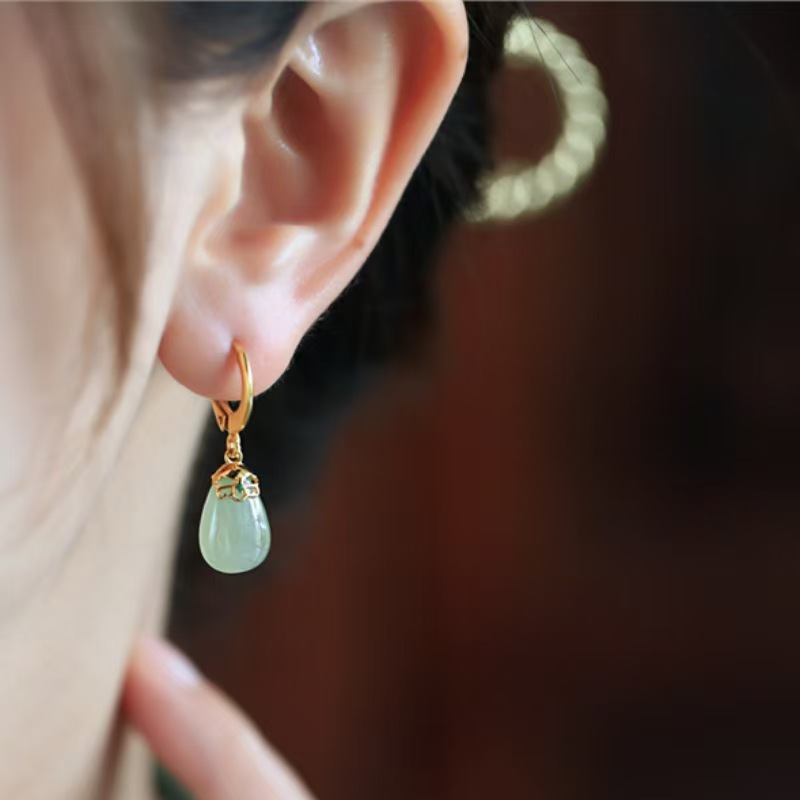 Natural Hetian Jade Sterling Silver Drop Ear Buckle Women's New Chinese Style National Style Gold Inlaid Jade Birthday Gift Earrings Earrings