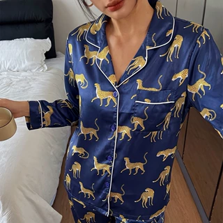 定制欧美风豹纹色丁睡衣女款高级感长袖长裤家居服套装薄款舒适