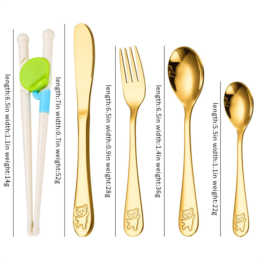 Creativo 304 de acero inoxidable cuchillo para niños, tenedor y cuchara palillos traje de dibujos animados de alto aspecto cuchara de entrenamiento Tenedor Oso vajilla