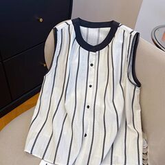 感条纹薄款无袖衬衫女夏季新款宽松撞色小个子背心上衣