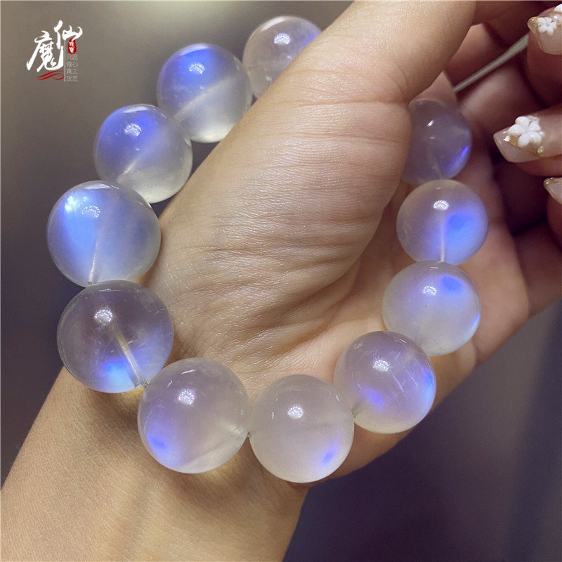 收藏级玻璃体蓝月光石手链 冰种透体月光强蓝光彩虹光 女饰品