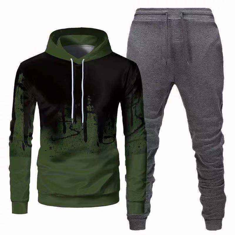 Cross-border Asian trade men's casual fashion solid color sweater long sleeve sports hooded 3D sweater trousers set
