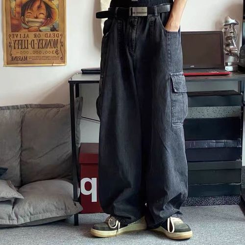 Retro washed loose wide leg men's jeans BF drape floor mopping lazy workwear large pockets straight leg dad pants