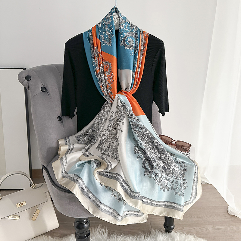 Pañuelo de seda fino de primavera y verano, pañuelo largo con estampado de alta calidad, nuevo pañuelo de protección solar de viaje de satén de seda, chal de viento étnico, protector solar femenino