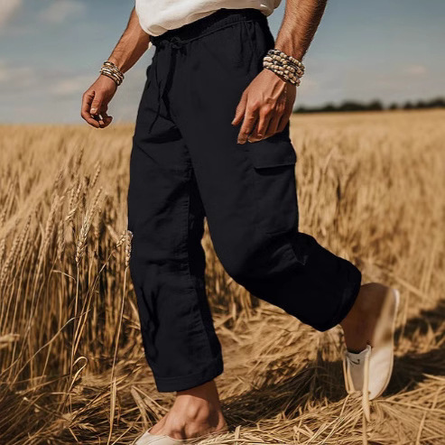 2025亚马逊新款欧码棉麻长裤抽绳松紧腰直腿纯色透气日常休闲长裤